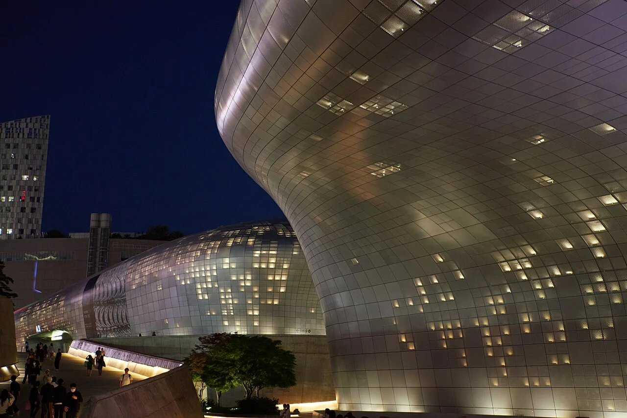 DDP curved architecture at night